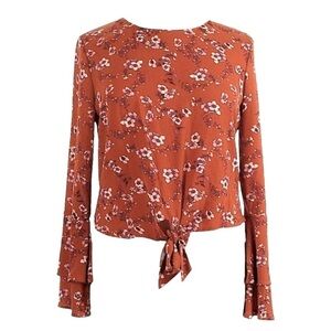 🌺 Self E Boho Tie Front Long Bell Sleeve Burnt Orange Floral Blouse Size XL